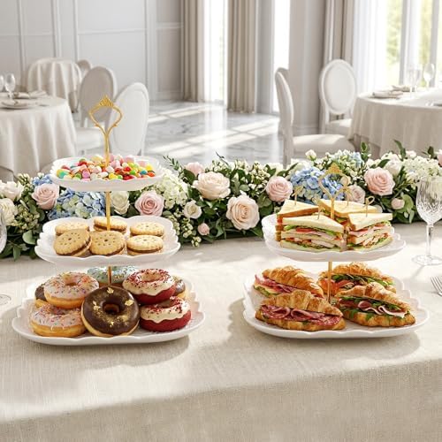 SOUJOY Ceramic Cupcake Stand Set of 2, White Embossed Cupcake Display Holders with Gold Rod, 3 Tier and 2 Tier Square Porcelain Dessert Stands for Birthday Tea Party Wedding Baby Shower - Image 6