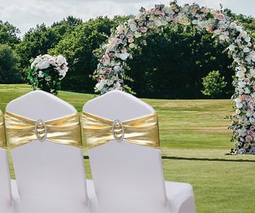Spandex Gold Chair Sashes Bows 50 Pack Stretch Chair Bands with Buckles Elastic Slider Chairs Ties for Wedding Decorations Party Reception Events Banquet Decor - Metal Gold - Image 2