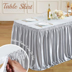 17ft Length Satin Silver Gray Table Skirt Rectangle Tables, Wrinkle Free Pleated Ruffle Table Skirting Desk Cover Skirt for Weddings Birthday Party Stage Banquet Dining Table Decorations - Image 5