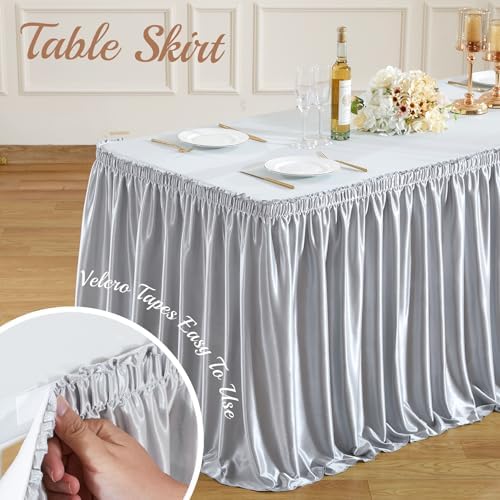 17ft Length Satin Silver Gray Table Skirt Rectangle Tables, Wrinkle Free Pleated Ruffle Table Skirting Desk Cover Skirt for Weddings Birthday Party Stage Banquet Dining Table Decorations - Image 5