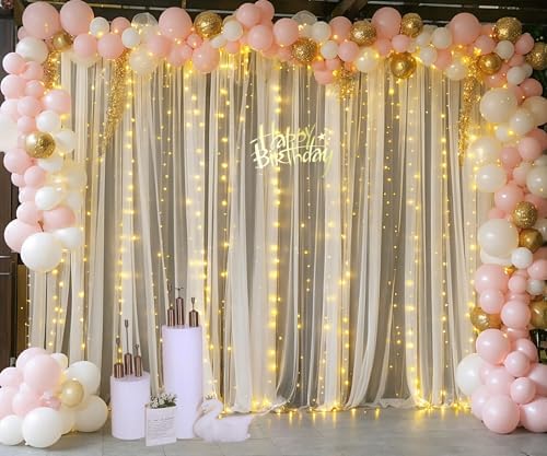 Champagne Backdrop Curtains with Lights String for Wedding Parties 10×10ft Sheer Tulle Backdrop Curtain for Bridal Shower Baby Shower Birthday Party Photo Shoot Decorations 2 Panels 5×10ft - Image 3