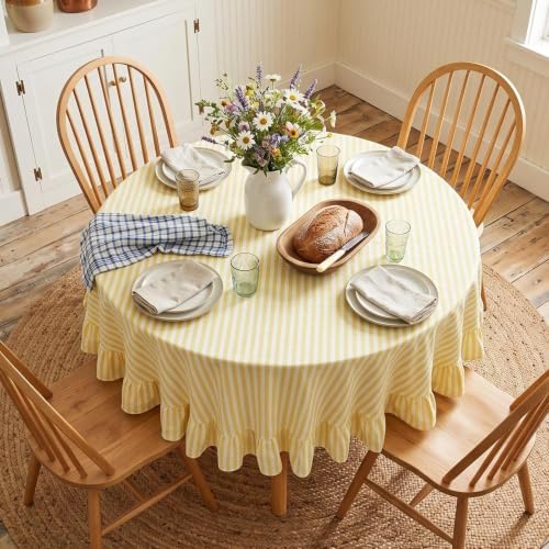 Eternal Beauty Striped Ruffled Round Tablecloth 60 Inch Yellow White - Image 4