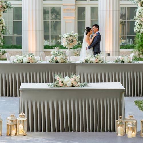 Besutolife Rectangle Table Skirt Black Stretch Tablecloth One-Piece Wrinkle-Resistant Ruffles Design Perfect for Banquets Parties Wedding Dining Table (Grey, 6ft) - Image 7
