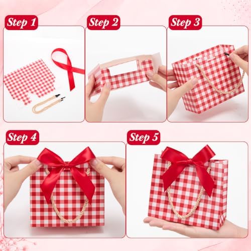 FunooFuno 50 Pack Red Gingham Gift Bags with Bows, Berry First Birthday - Image 3