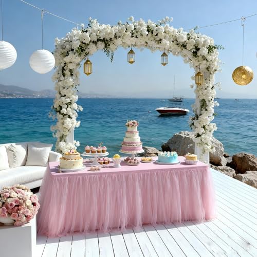 1-Pack Pink 2-in-1 Tulle Tablecloth for 4-Foot Rectangular Table - Image 6