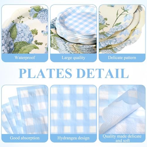 Pickmesh 250 Pcs Blue Hydrangea Party Supplies Blue Floral Gingham Checkered Paper Plates Napkins and Cups Hydrangea Disposable Tableware Set for Summer Wedding Birthday Tea Party Decorations Serve 50 - Image 2