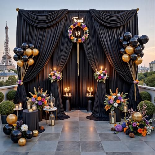 20ftx12ft Wrinkle Free Black Backdrop Curtains for Parties, 4 Panels 5x12FT Long Silky Polyester Black Photo Backdrop Drapes Back Drop Cloth for Wedding Birthday Photography Background Decor - Image 3