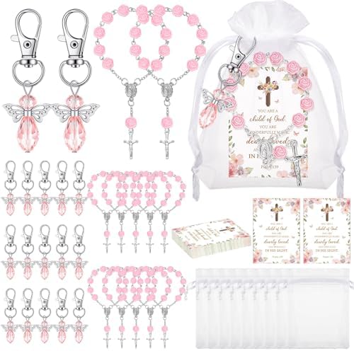 Hicarer 30 Set Baptism Favors Set Includes Angel Keychains Mini Rosary Cross Beads Favors Baptism Organza Bags with Cross Psalm Cards for Baby Shower Christian Party Supplies (Pink) by Hicarer