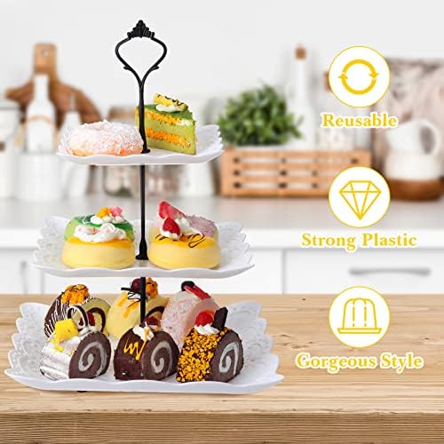 Sawysine 6 Pack 3 Tiered Serving Tray White Plastic Dessert Tower, Black - Image 5