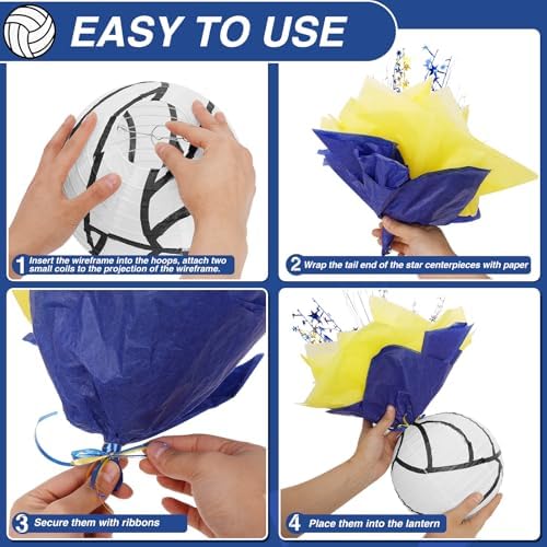 72 Pieces Volleyball Paper Lanterns Centerpieces Decorations Volleyball Lanterns with Metallic Foil Centerpiece Wrapping Paper and Ribbons for Volleyball Birthday Party (72 PCS, Volleyball) - Image 3