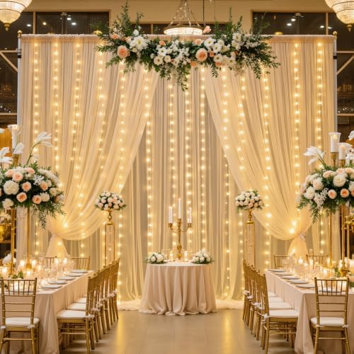Champagne Sheer Backdrop Curtain with Lights String for Parites Wedding 20×10ft Tulle Backdrop Curtains for Bridal Shower Baby Shower Birthday Party Photo Shoot Decorations(4 Panels 5ft×10ft) - Image 6