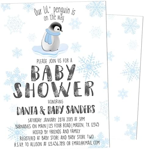 Little Penguin Baby Shower Invitations Blue Snowflake Boy Winter Cold Outside with Envelopes, personalized by Handmade