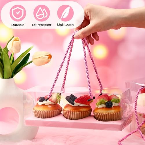 Thenshop 40 Pcs Clear Cupcake Boxes 9x3x3 in 3 Compartment Holder,Pink - Image 4