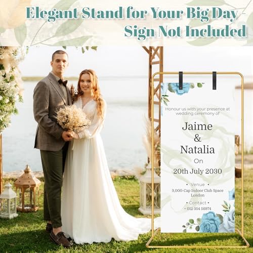 VZZNN 2 Pack Wedding Welcome Sign Stand, 68”x31”x20” Adjustable Gold Easel Holder with 4 Leather Straps, Heavy Duty Metal Floor Easels for Wedding Signs, Seating Charts, Baby Shower, Party Decor - Image 3