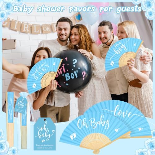 Threehoney 50 Sets Baby Shower Favors 5 Styles Bamboo Paper Hand Fans,Blue - Image 7