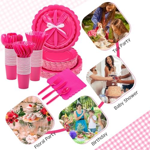 Ziliny 350 Pcs Hot Pink Plates and Napkins, 50 Guest Breast Cancer Awareness Party Supplies Include Scalloped Paper Plates Napkins Cups Plastic Spoons Forks Knives Disposable Tableware Set for Women - Image 3