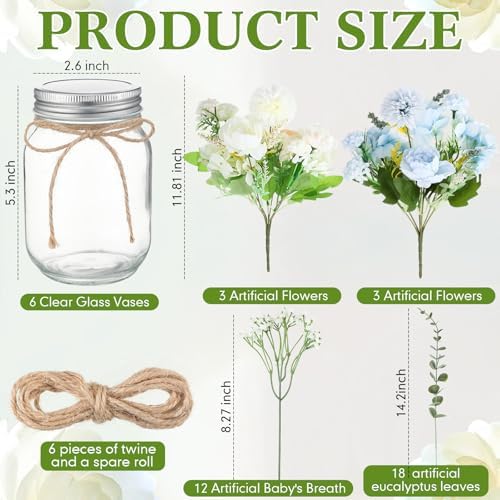 Zeyune 6 Sets Mason Jar Table Centerpiece Artificial Flower, Blue, White - Image 4