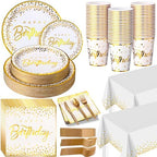 Nosiny 352 Pcs White and Gold Party Supplies Gold Dot Plastic Plates Cups Napkins Tablecloths Forks Knives Spoons Disposable Party Dinnerware Set Serve 50 Guests for Birthday Wedding Decorations by Nosiny