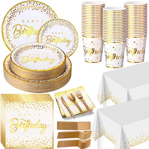Nosiny 352 Pcs White and Gold Party Supplies Gold Dot Plastic Plates Cups Napkins Tablecloths Forks Knives Spoons Disposable Party Dinnerware Set Serve 50 Guests for Birthday Wedding Decorations by Nosiny