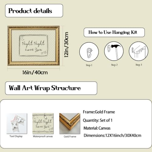 Vintage Gold Framed Wall Art Cute Night Night Love You Quote Wall Decor Picture Mid Century Modern Sign Poster Canvas Painting Print for Bedroom Living Kid Room 12x16 inch - Image 2