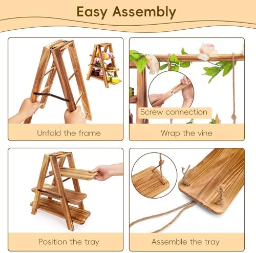 Wooden 3 Tier Cupcake Stand with Artificial Flower Vine Hanging Swing Trays Foldable & Removable Design for Birthday Wedding Catering Baby Shower Party - Image 3