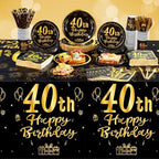 Funnymoom 452 Pcs 40th Birthday Party Decorations Set for Men Women, Black and Gold Happy 40th Birthday Paper Plates Napkins Cups Tablecloth Cutlery Straws for Cheers to 40 Years Anniversary Party - Image 6