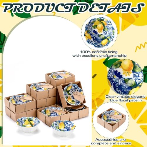 SiliFine 12 Pcs Capri Lemon Party Favors for Guests Small Ceramic Bowl Bulk Gifts Set 3.3 Inch Floral Design Mini Dipping Sauce Dish with Card Box for Bridal Pooja Baby Shower Birthday Guest Gift - Image 3