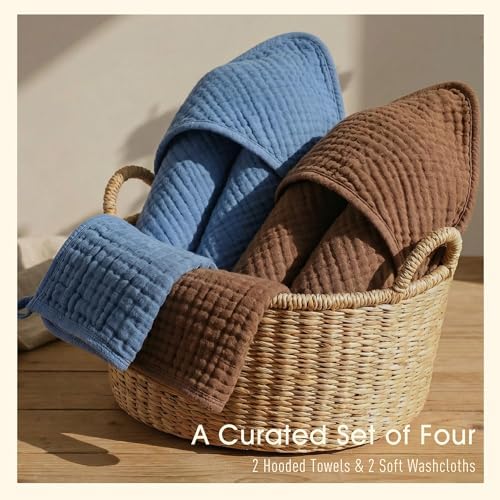 Organic Muslin Hooded Baby Bath Towel 4pc for Newborn - Navy Brown - Image 6