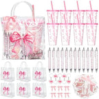 12 Sets Pink Bow Party Favors Includes 24 Oz Tumblers with Lids and Straws Pens Keychains Clear Gift Bags Coquette Aesthetic Gifts Set for Guests Bridal Baby Shower Birthday Party Supplies by Sariiraw