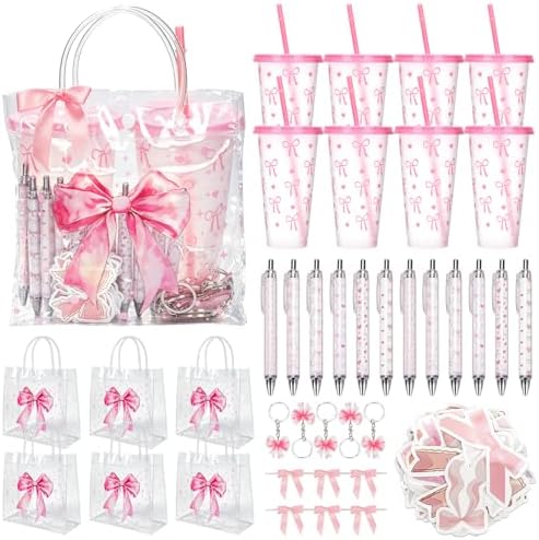 12 Sets Pink Bow Party Favors Includes 24 Oz Tumblers with Lids and Straws Pens Keychains Clear Gift Bags Coquette Aesthetic Gifts Set for Guests Bridal Baby Shower Birthday Party Supplies by Sariiraw