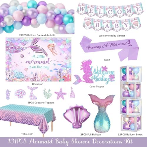 Party Inspo Mermaid Baby Shower Decorations for Girls, Our Little Mermaid Is On The Way Backdrop Balloon Its a Girl Banner Tablecloth Cake Topper Box Cutout for Girls Under the Sea Party Supplies - Image 2