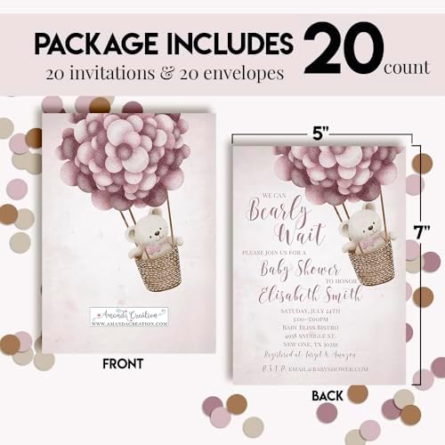 Amanda Creation Teddy Bear Baby Shower Invitations, 20 Personalized 5x7 Baby Shower Invitations for Girl with Envelopes, Pink Bear Balloon Design - Image 4