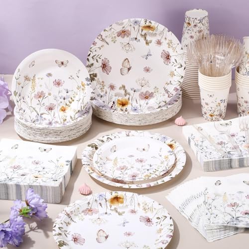 400 Pcs Wild Floral Disposable Paper Plates Napkins Cups Serve 50 Watercolor Floral Tableware Set for Spring Wedding Tea Party Decoration Bridal Shower Baby Shower(Elegant Color,Chic Style) - Image 6