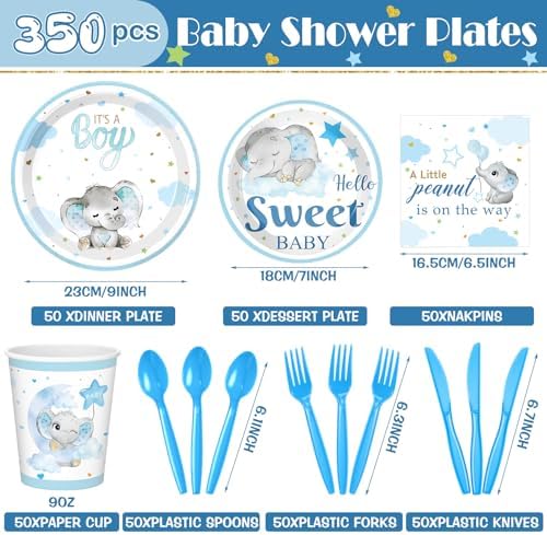 405 Pcs Blue Elephant Baby Shower Decorations, Plates Napkins Cups - Image 5