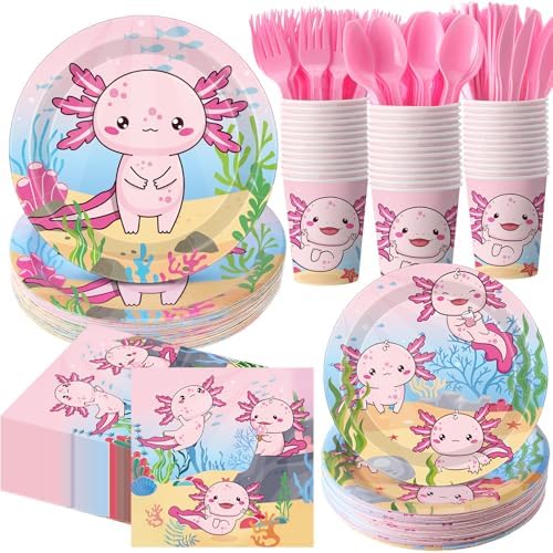 Funnymoom 400 Pcs Axolotl Birthday Party Supplies for 50 Guests Pink Cartoon Axolotl Paper Plates and Napkins Knives Spoon Fork Cup Disposable Reptile Animals Dinner Sets for Baby Shower Party by Funnymoom