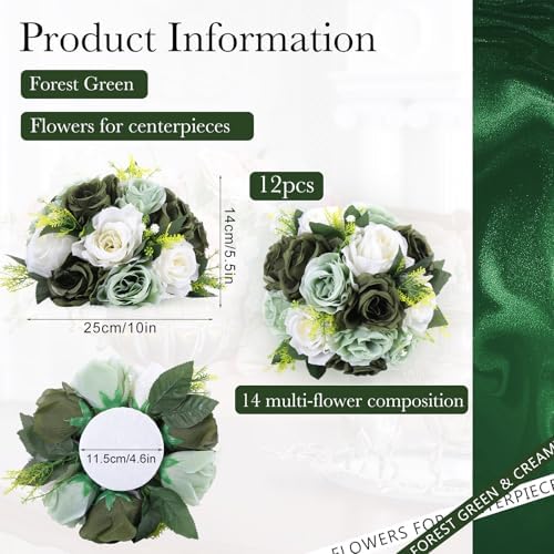 Hotop 12 Pcs Silk Rose Flower Balls,Forest Green - Image 3
