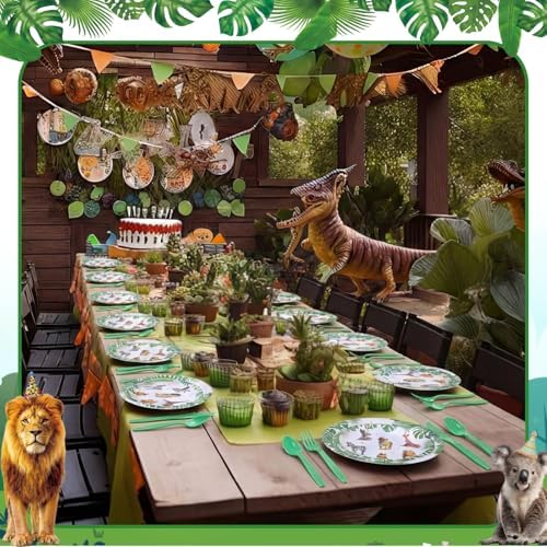 Funnymoom 400 Pcs Safari Happy Birthday Party Supplies for 50 Guests Jungle Animals Paper Plates and Napkins Knives Spoon Fork Cup Wild Animals Lion Tiger Dinner Sets for Zoo Birthday Party - Image 6