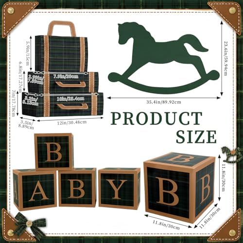 ReliThick 8 Pcs Green Tartan Baby Shower Decor Kit with 3 Pack Suitcase Boxes 4 Pack Baby Letter Boxes Rocking Horse Card Vintage Green Plaid Party Supplies for Birthday Party Decor - Image 2