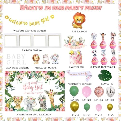 Safari Baby Shower Decorations for Girl, Jungle Themed Décor Backdrop Balloon Garland Arch Artificial Leaves Box Cutout Glitter Banner Cake Topper Sash Lion Cheetah Giraffe Pink 140 PCs - Image 2