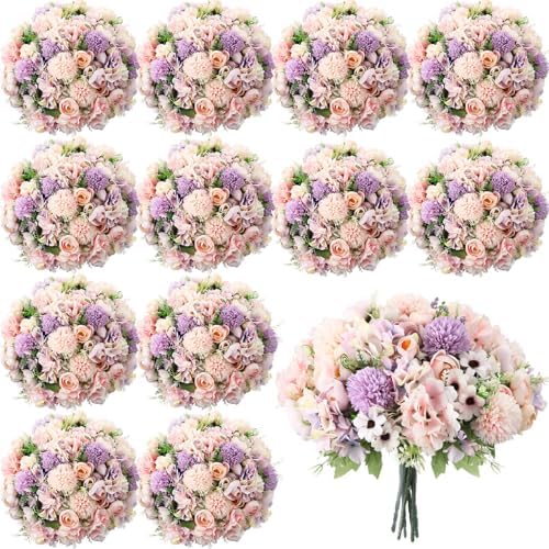 Tigeen 12 Bundles Peonies Artificial Flowers Faux Roses, Purple,Pink by Tigeen