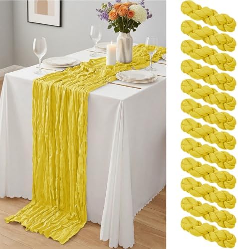 12 Pcs Lemon Yellow Cheesecloth Table Runner 10Ft, Gauze Table Runners 21.5 x 120 inch,Semi Sheer Cheese Cloth Fabric Runner Bulk for Wedding,Party,Baby Shower,Bridal Shower by Yemosa