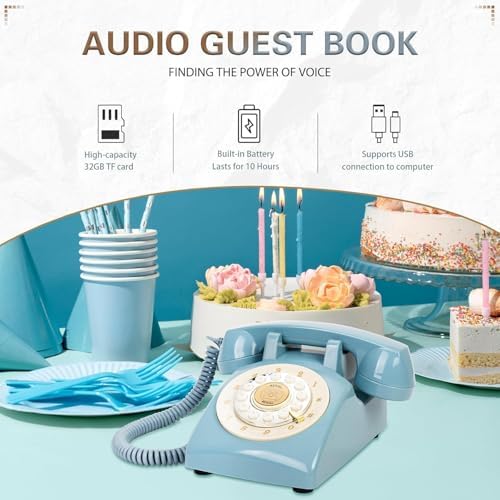 Audio Guest Book Wedding Phone,32GB Memory Customized Audio Messages, Volume Adjustable, with Message Replay Feature, Suitable for All Kinds of Party(Blue+Golden Sign) - Image 3
