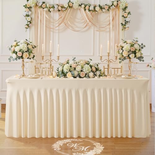 Champagne Table Cloth for 6 Foot Rectangle Tables Fitted Stretch Spandex Table Cover with Skirt 6ft Baby Shower Birthday Party Banquet Ruffle Tablecloth Wedding Table Cloths Desk Skirt, 4 Pack - Image 4