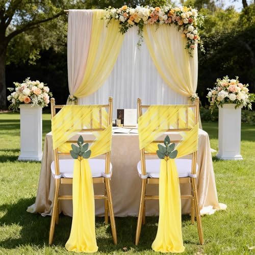 QueenDream Yellow Chair Sashes Wedding: 16 Pieces Long Sheer Wedding Aisle Chair Decorations Tulle Chairs Covers with Artificial Eucalyptus - Image 3