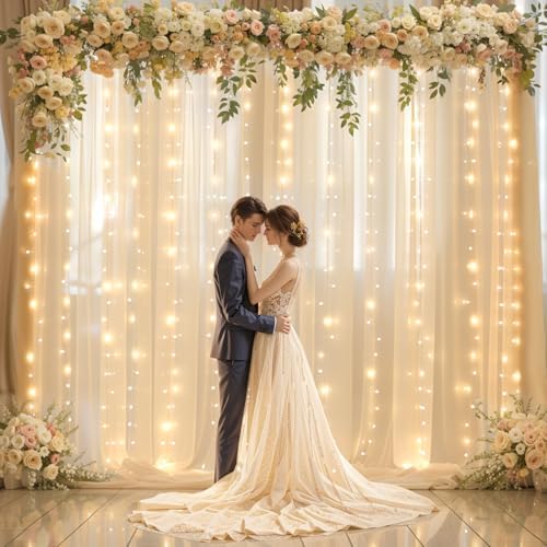 Shillance 20x10ft Champagne Chiffon Backdrop Curtain with Lights String for Wedding Sheer Tulle Curtain Photo Backdrops Drapes for Baby Shower Birthday Party Ceremony Decorations - Image 2