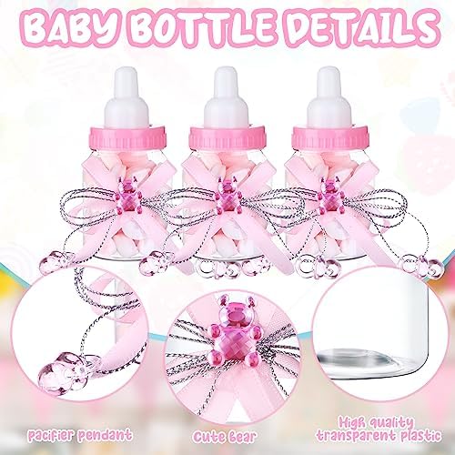 80 Pcs 3.5 Inch Baby Mini Milk Bottle Baby Shower Favor with Small Plastic Bear Candy Bottle with Ribbon for Boy Girl Newborn Baptism Party Decor (Pink) - Image 3