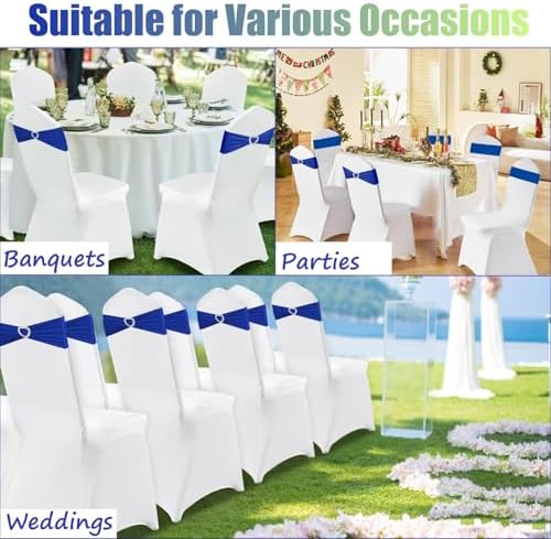 Royal Blue Chair Sashes 50 Pack Spandex Blue Sashes for Chairs Covers Universal Stretch Chair Sashes Band with Heart Buckle Slider Universal Sashes Bows for Wedding Banquet Party Decorations - Image 7
