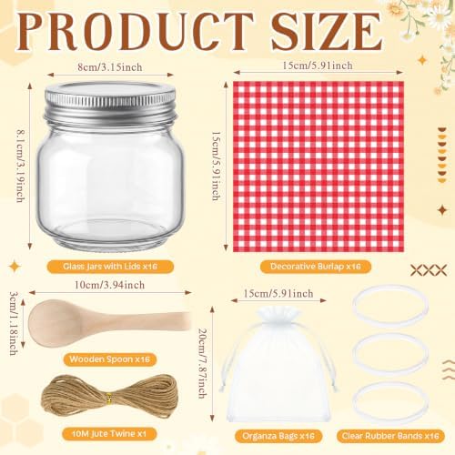 Funnymoom 16 Set 8.5 oz Glass Mason Jars with Lid Spoon Red Checkered Cloth - Image 2