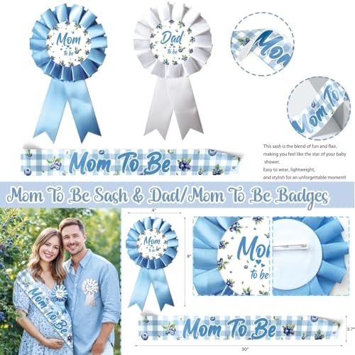Party Inspo Blueberry Baby Shower Decorations – 126 PCs Fruit Themed Blue Berry Party Supplies with A Berry Sweet Baby Is on the Way Backdrop, Balloon Garland, Cake Topper, Sash, Badges - Image 4