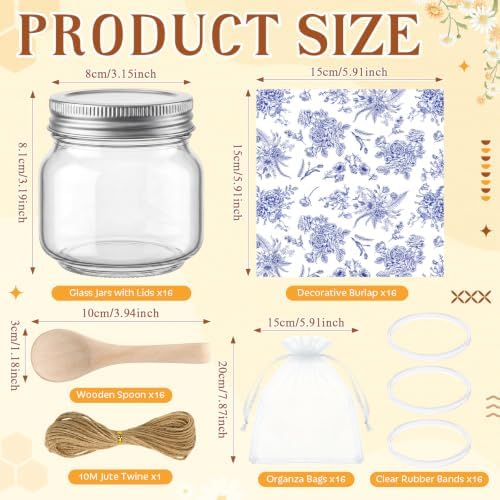 Funnymoom 16 Set 8.5 oz Glass Mason Jars with Lid Spoon Blue Floral Cloth - Image 2